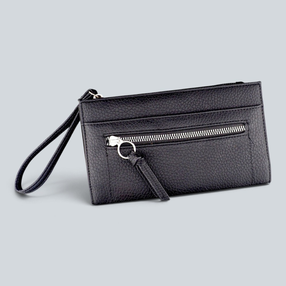 Black Pebbled Faux Leather Wristlet Wallet with Zip Pocket and ID Window